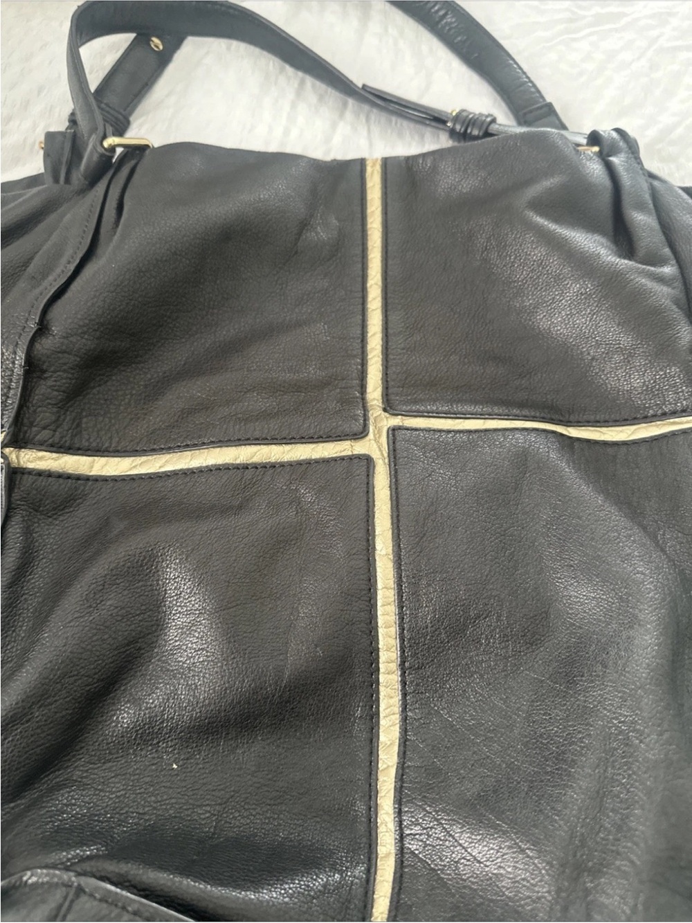 Kelsi Dagger Black Leather Tote with Cream Cross-Detail